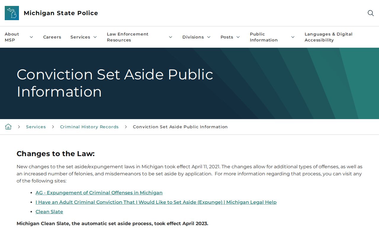 Michigan State Police conviction set-aside public instructions