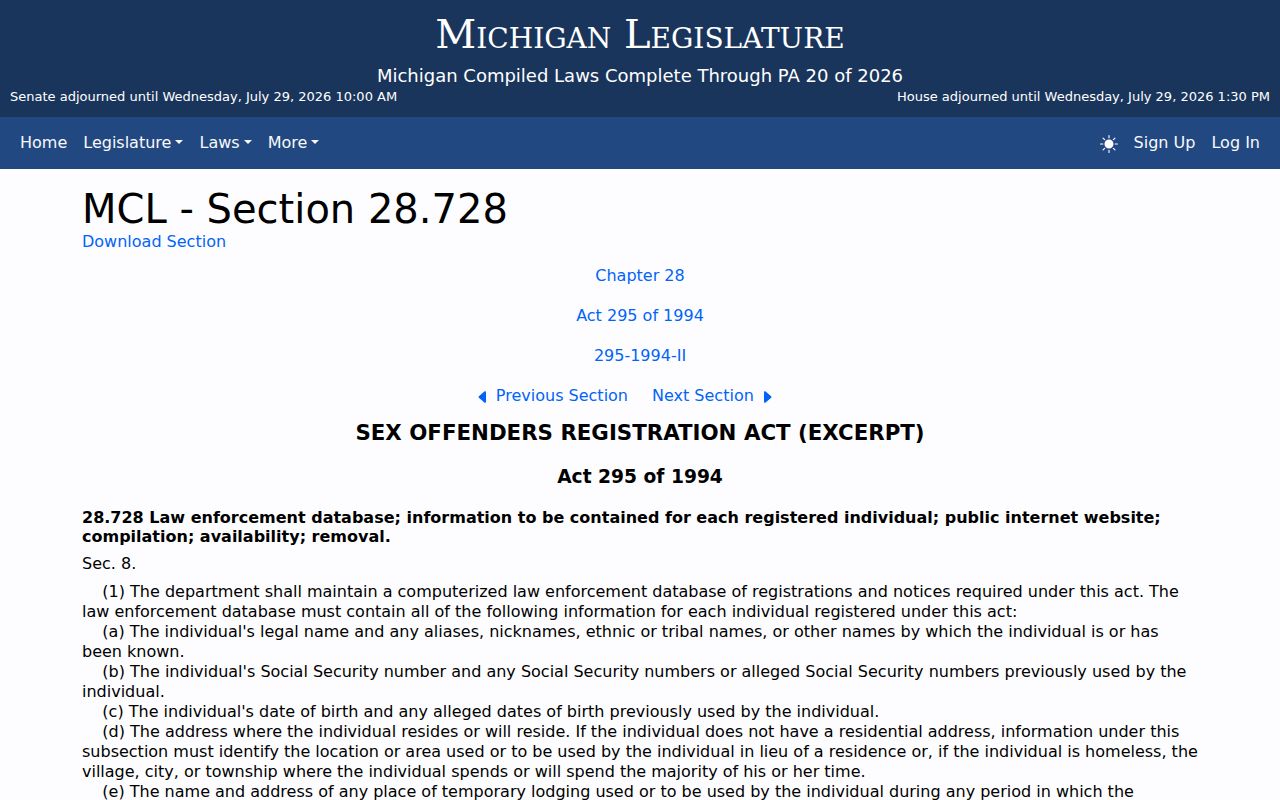 Michigan law governing public Barry County sex offender registry information